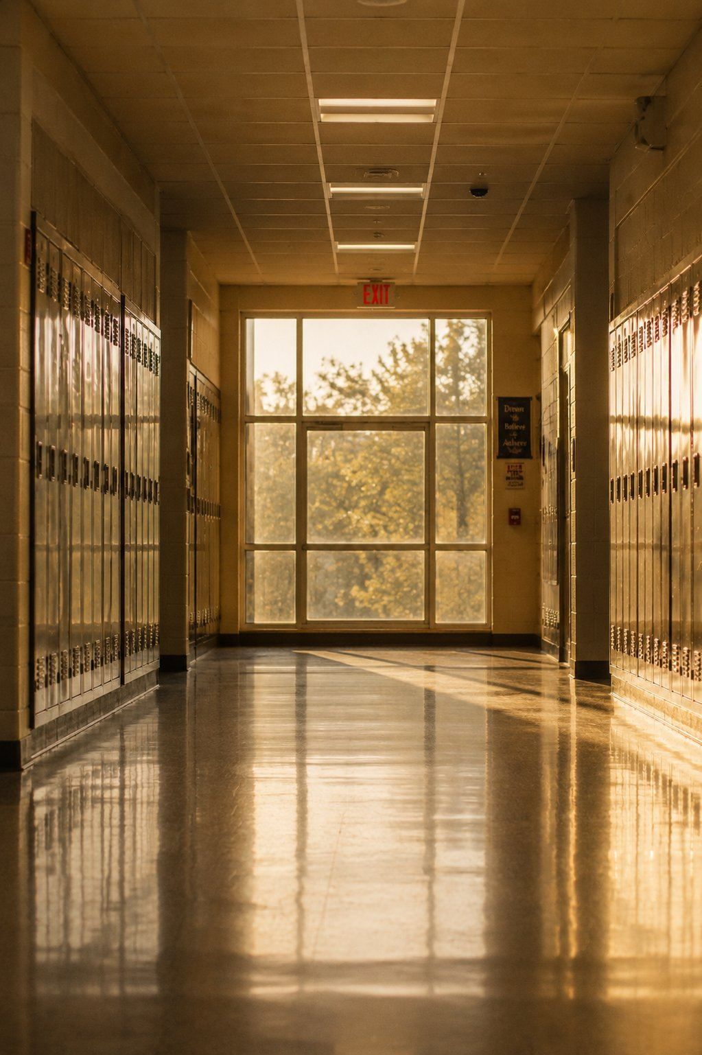 An empty school hallway in afternoon light